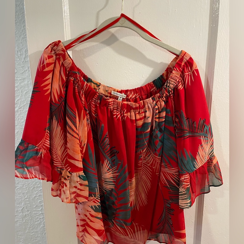 Rebecca Minkoff Red and Green Leaf Print Blouse